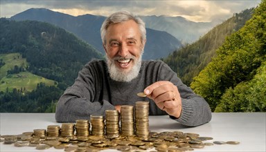 AI generated, A pensioner is happy about his nest egg savings