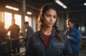 A stern-looking woman stands in a busy workshop with co-workers as sunlight streams in, blurry