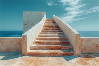 Stairway leading up to the sky, bordered by warm-colored walls under a bright blue sky with wispy