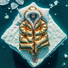 Woman in yellow golden puffer jacket lies on a block of ice alone in the middle of the ocean sea.