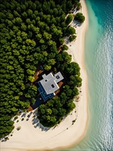 Drone view top down perspective of a minimalist cabin solitary on a secluded island, AI generated,