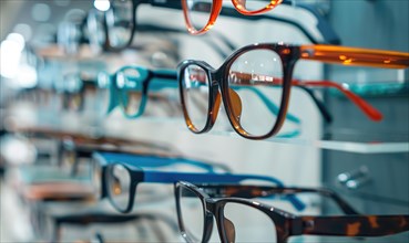 A vibrant display of various eyeglass frames in a row AI generated