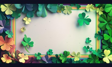 Template for card for St. Patrick's Day with shamrock and rainbow around card frame and empty space