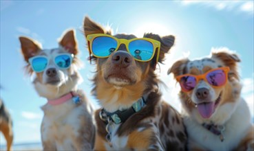 Dogs sport colorful sunglasses against a blue sky, radiating vibrant happiness AI generated