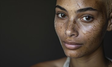 Portrait of a woman with freckles in a close-up shot, displaying natural beauty against a dark