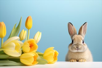 Cute Easter bunny next to yellow tulip spring flowers on blue bakcground. KI generiert, generiert