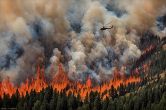 Helicopter releases torrents onto raging wildfire densely treed national park below embers glow, AI