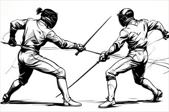 Athletes fencing duel, black and white illustration, AI generated