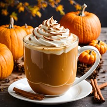 Pumpkin spice latte brimming with whipped cream, AI generated