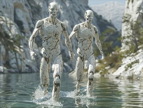 Two skeletons walk through shallow water in a picturesque mountain landscape, AI generated, AI