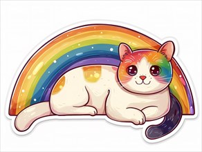 A cartoon cat lying comfortably beneath a vibrant rainbow, ai generated, AI generated
