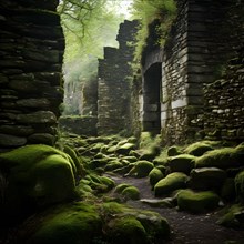 Ancient city wall weathered stones embraced by moss testament to resilience endurance through time,