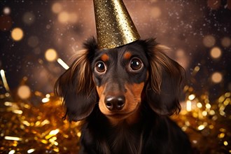 Cute Dachshund dog with goldne party hat and confetti in background. KI generiert, generiert AI