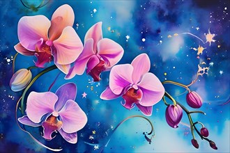 Watercolor painting orchids blooming against a tapestry of a star spangled night sky, AI generated