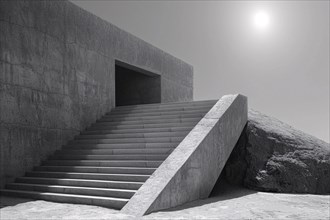 Black and white image of a minimalist staircase with pronounced play of sunlight and shadows, AI