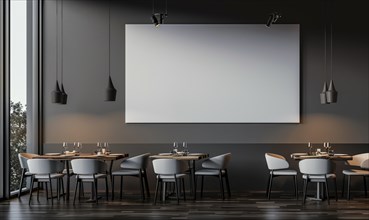 An elegant restaurant interior with luxurious seating and a large empty poster on a dark wall AI