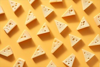 Top view of pieces of cheese on yellow background. KI generiert, generiert AI generated