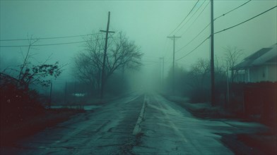 A desolate road stretches into fog, lined by power lines and silhouettes of houses, AI generated