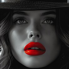 A striking black and white portrait of a woman with vibrant red lips under a hat, AI Generated, AI