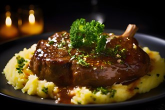 Veal shanks slow cooked osso buco style garnished with gremolata alongside creamy saffron risotto,