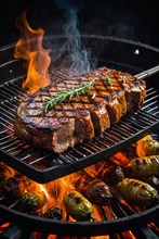 Juicy steak with rosemary grilling over open flames, emitting smoke, AI generated