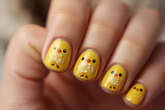 Woman's fingernails with cute yellow Easter chick nail art design. KI generiert, generiert AI