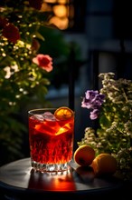 Classic negroni with precise proportions of gin vermouth campari on balcony rail serene garden, AI
