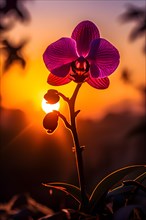 Orchid silhouette stands out against a vivid backdrop of a sunset, AI generated