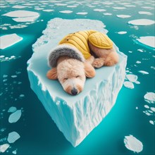 Dog Animal character in yellow golden puffer jacket lies on a block of ice alone in the middle of
