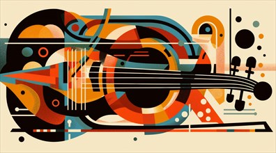 A geometric and colorful abstract portrayal of a cello highlighted with orange and blue, ai