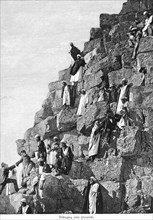 Climbing a pyramid, Cairo, Egypt, Europeans, Arabs, helpers, Africa, historical illustration 1890,