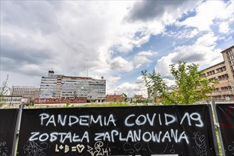 Katowice, Poland, July 11, 2022: photo of graffiti saying The pandemic of covid-19 was planned,