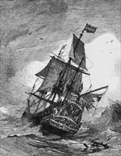 Hansa warship in the 17th century, Hanseatic League, heavy seas, storm, three-master, flag, coat of