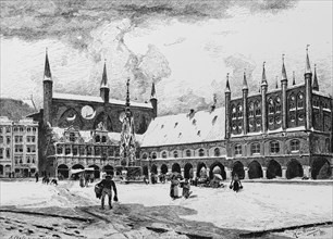 Market place and town hall in Luebeck, Hanseatic city, world cultural heritage, arcades, Gothic,