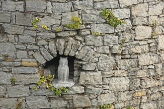 Sculpture of a little owl in a niche of the historic town wall, owl figure, town fortification,