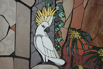 Wall mosaic with yellow-crested cockatoo by Isidora Paz Lopez 2019, one, white, yellow, bird