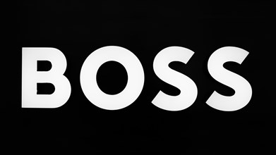 Boss brand lettering, black and white, Roermond, Netherlands
