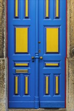 Typical colourful front door in Alfama, yellow, blue, lacquer, varnished, door, entrance,