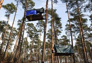Tree houses in the forest near Gruenheide. The activist group Stop Tesla has built tree houses in