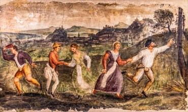 Rural dance, Termpera mural painting, c. 1540, Museo Civico d'Arte, Palzuo Ricchieri, historic