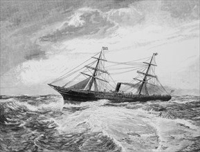 Lloyd steamer on the high seas, shipping company, steamship, two-master, heavy seas, high waves,