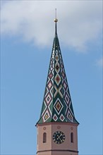 Spire with pattern of the late Gothic St. Maria am See church built in the 15th century, white,