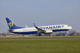 Ryanair Boeing 737-8AS with registration EI-EKC lands on the Polderbaan, Amsterdam Schiphol Airport