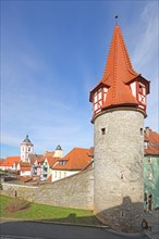 Flurersturm built in 1550 with St. Nikolai Church, townscape, Marktbreit, Lower Franconia,