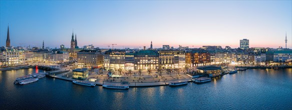 Aerial view as a panorama of the Jungfernstieg with Inner Alster Lake at blue hour, Hamburg,