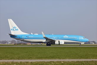 KLM Boeing 737-8K2 with registration PH-BCH lands on the Polderbaan, Amsterdam Schiphol Airport in