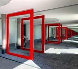 Modern Building with Red Frame to Infinity in Lugano, Switzerland, Europe