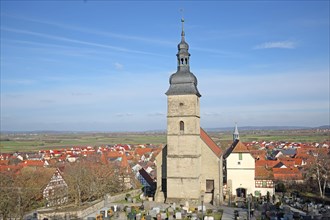 St John's Church with cemetery and historic gate tower, view, panoramic view, townscape,