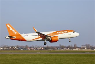 EasyJet Europe Airbus A320-251N with registration OE-LSR lands on the Polderbaan, Amsterdam