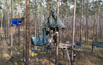 Tree houses in the forest near Gruenheide. The activist group Stop Tesla has built tree houses in